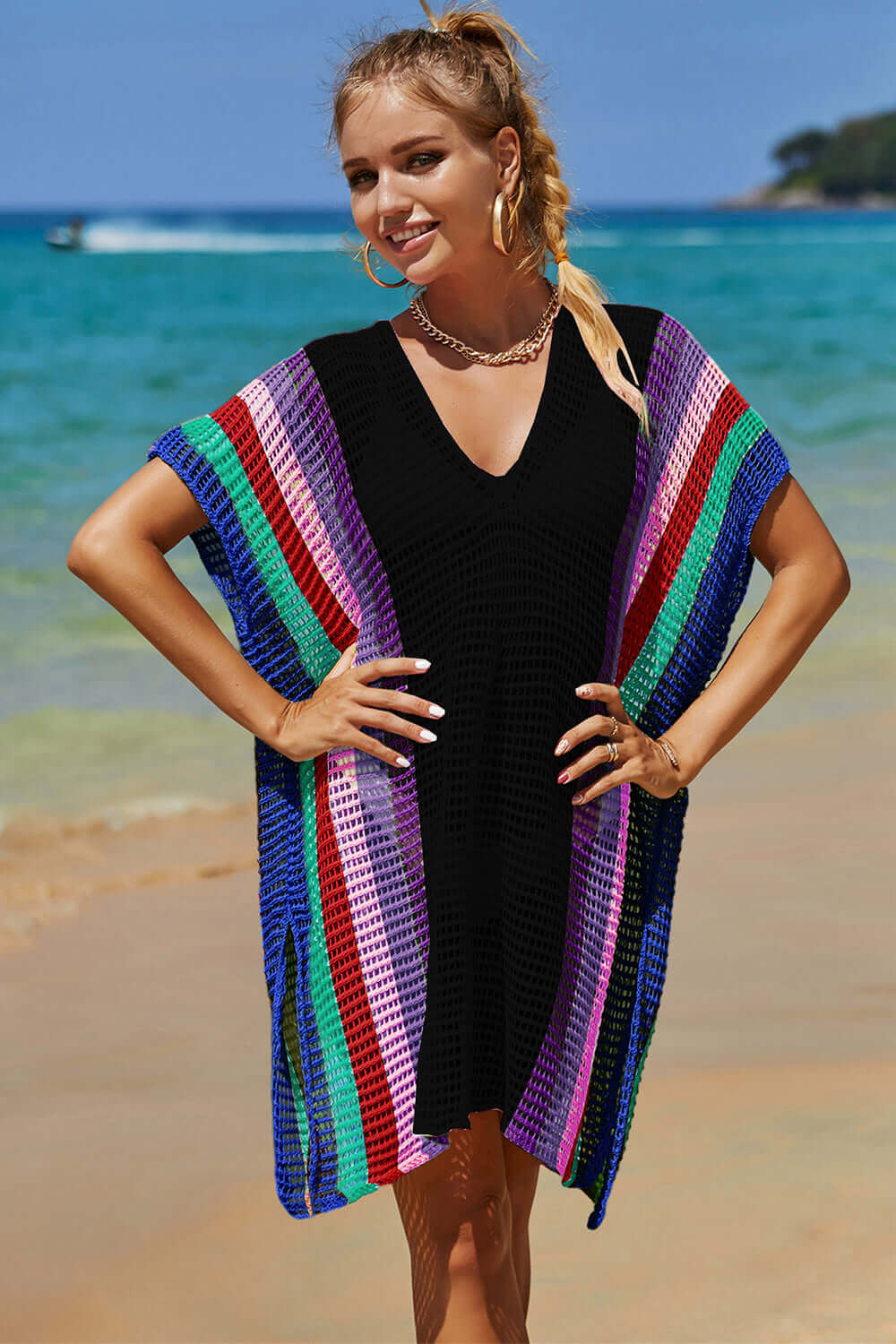 DOUBLE TAKE Openwork Striped Slit Knit Cover Up at Bella Road