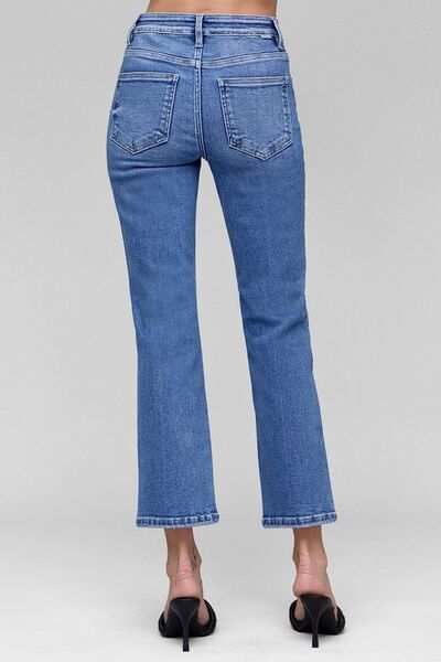 Back view of RISEN tummy control high rise crop straight jeans in blue with trendy ankle-length cut.