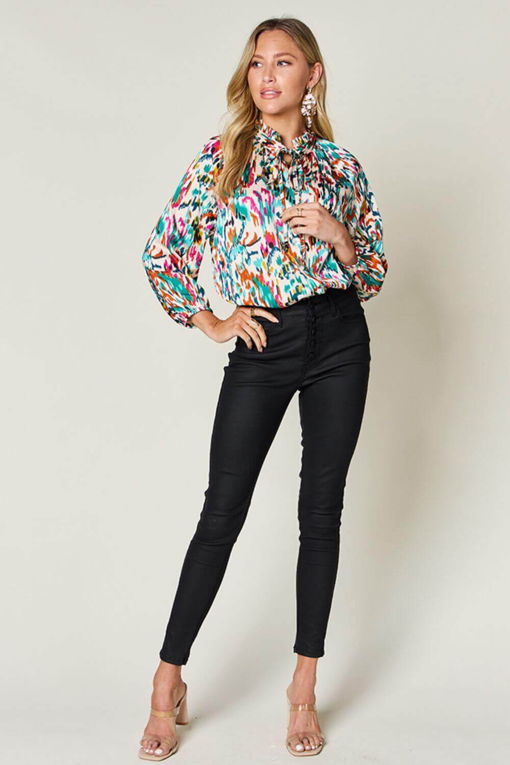 DOUBLE TAKE Full Size Printed Button Up Long Sleeve Shirt at Bella Road