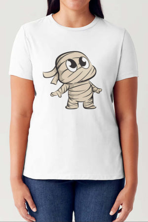 Woman wearing Simply Love Full Size Graphic Round Neck Short Sleeve Tubular T-Shirt with cute mummy design