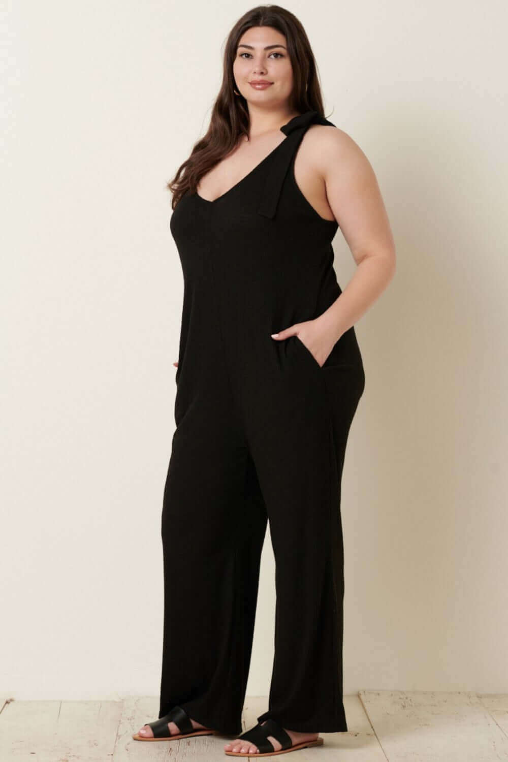 MITTOSHOP Rib Knit V-Neck Cross Back Jumpsuit at Bella Road