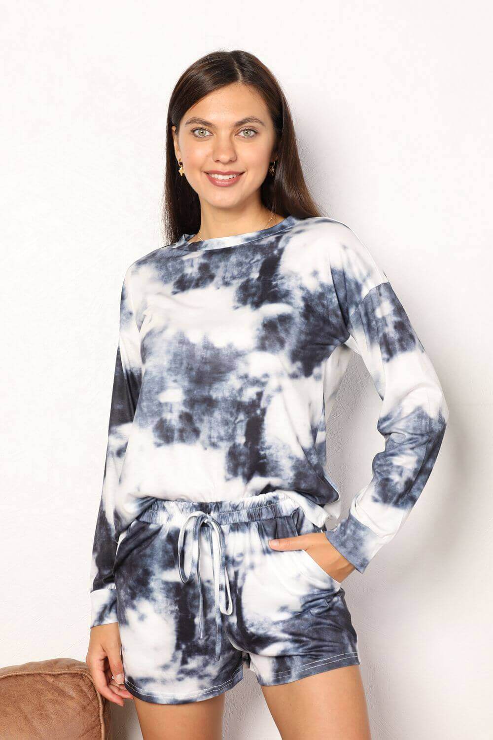 DOUBLE TAKE Tie-Dye Round Neck Top and Shorts Lounge Set at Bella Road