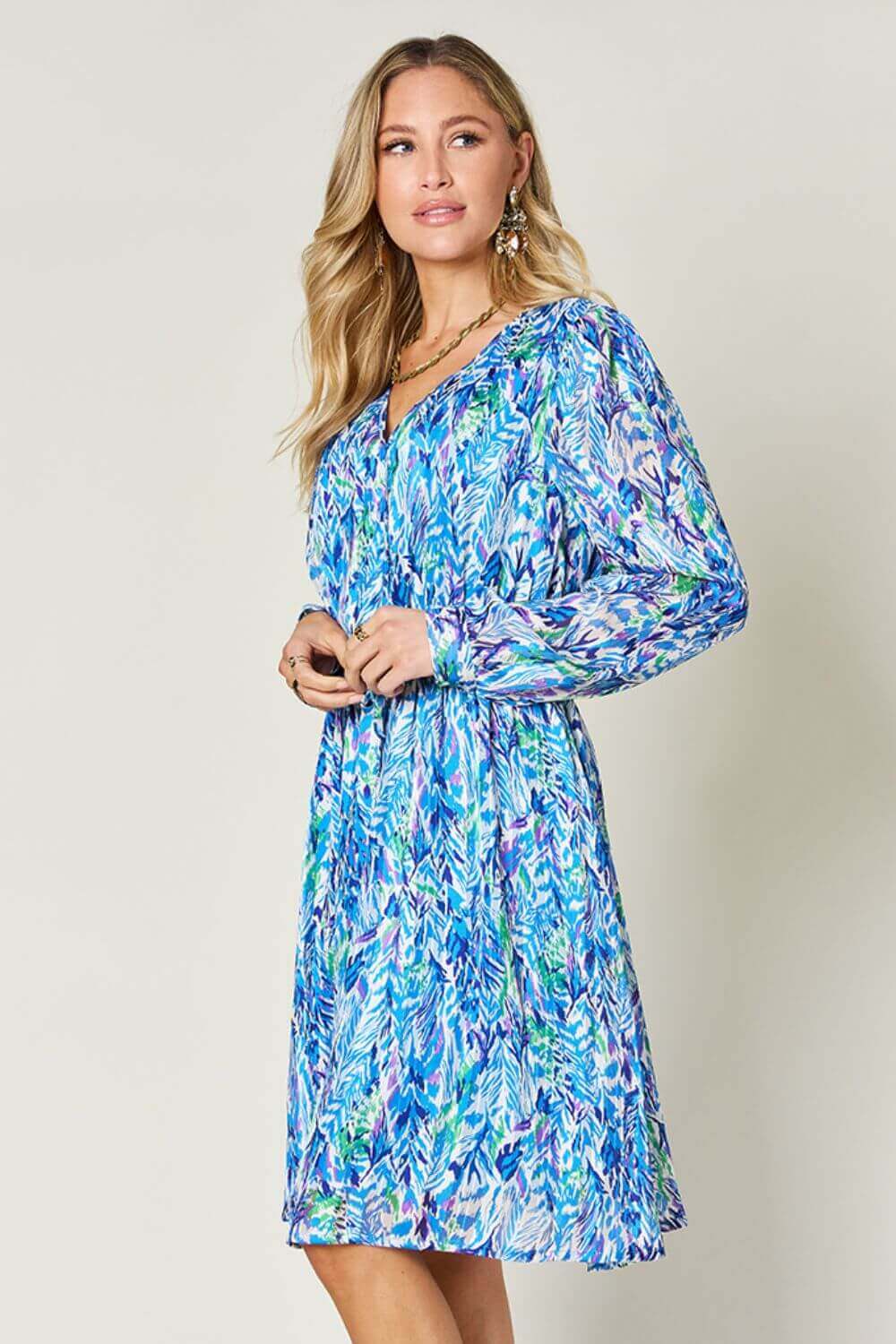 DOUBLE TAKE Full Size Printed Drawstring Waist Long Sleeve Dress at Bella Road