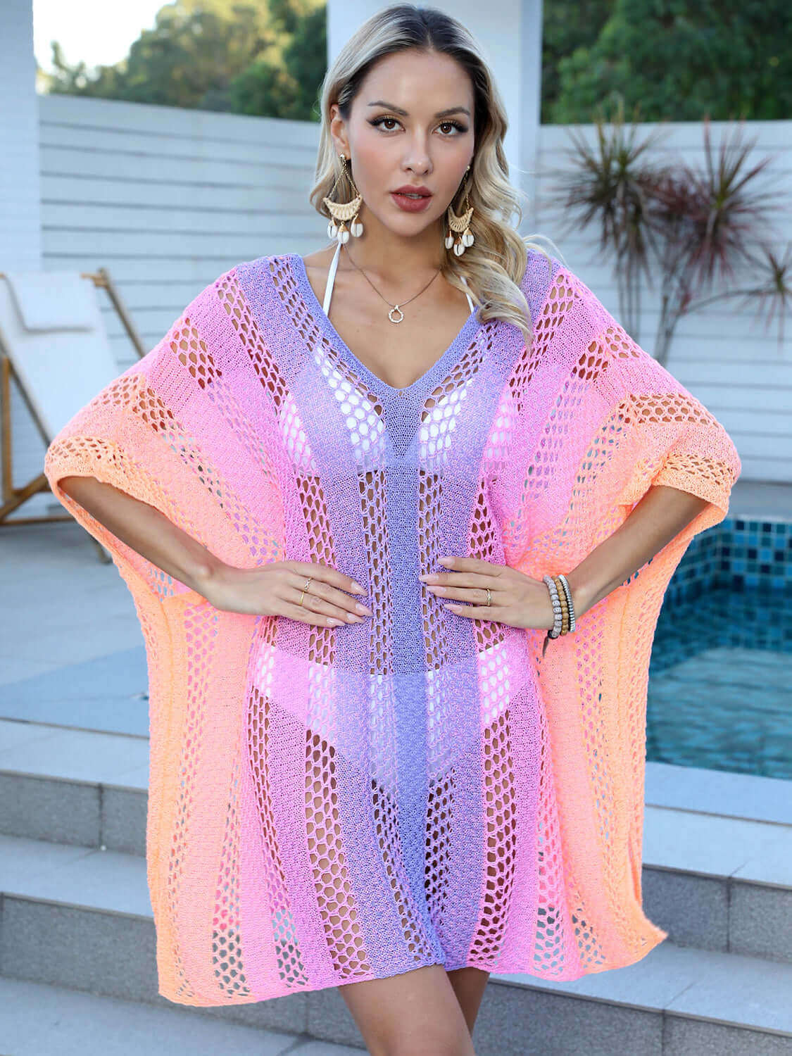 BELLA ROAD Openwork Contrast V-Neck Cover-Up at Bella Road