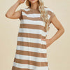 Basic Bae Full Size Striped Round Neck Cap Sleeve Mini Dress - Camel