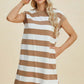 Woman wearing Basic Bae Full Size Striped Round Neck Cap Sleeve Mini Dress in beige and white stripes with hand on hip