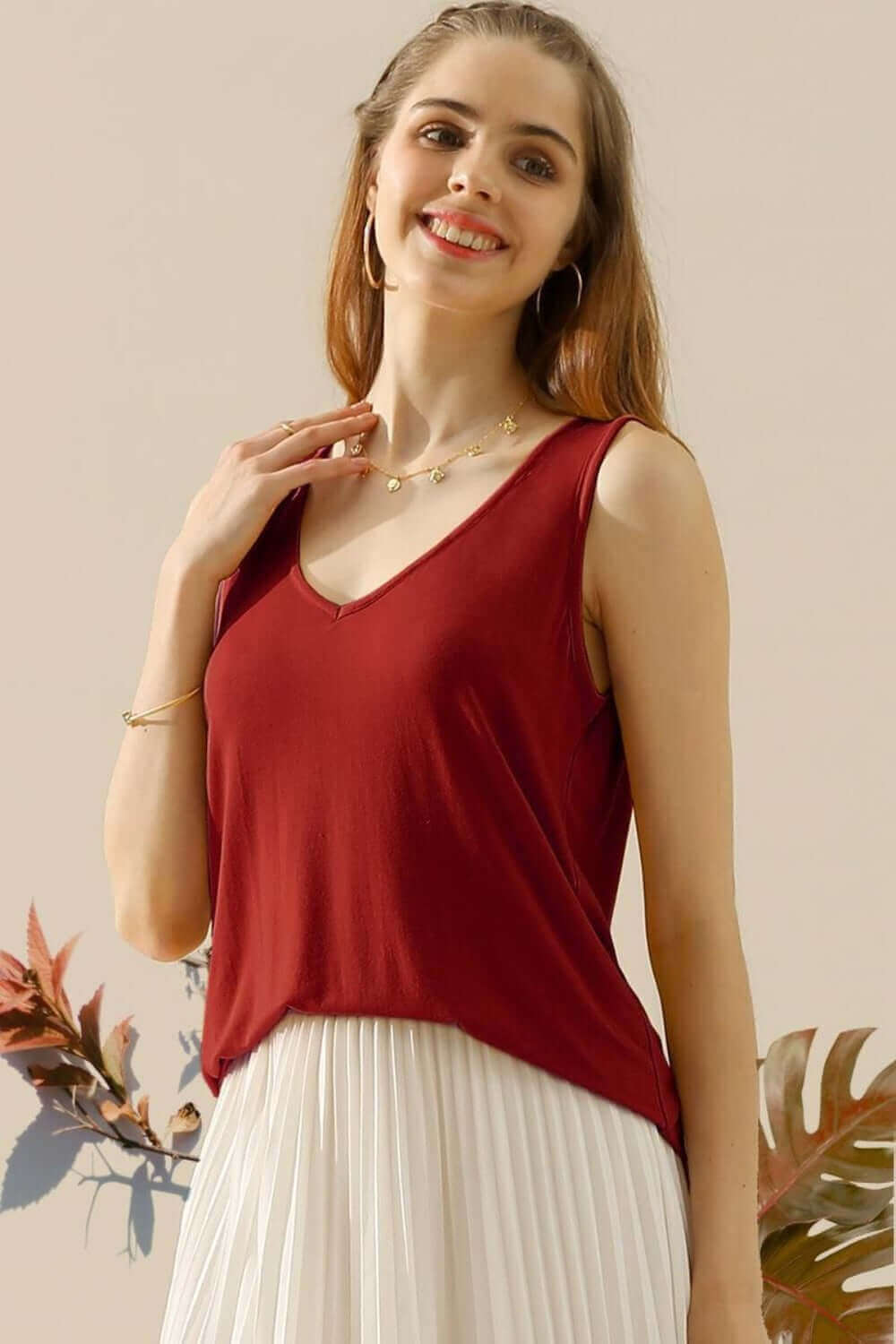 NINEXIS Full Size V-Neck Curved Hem Tank at Bella Road