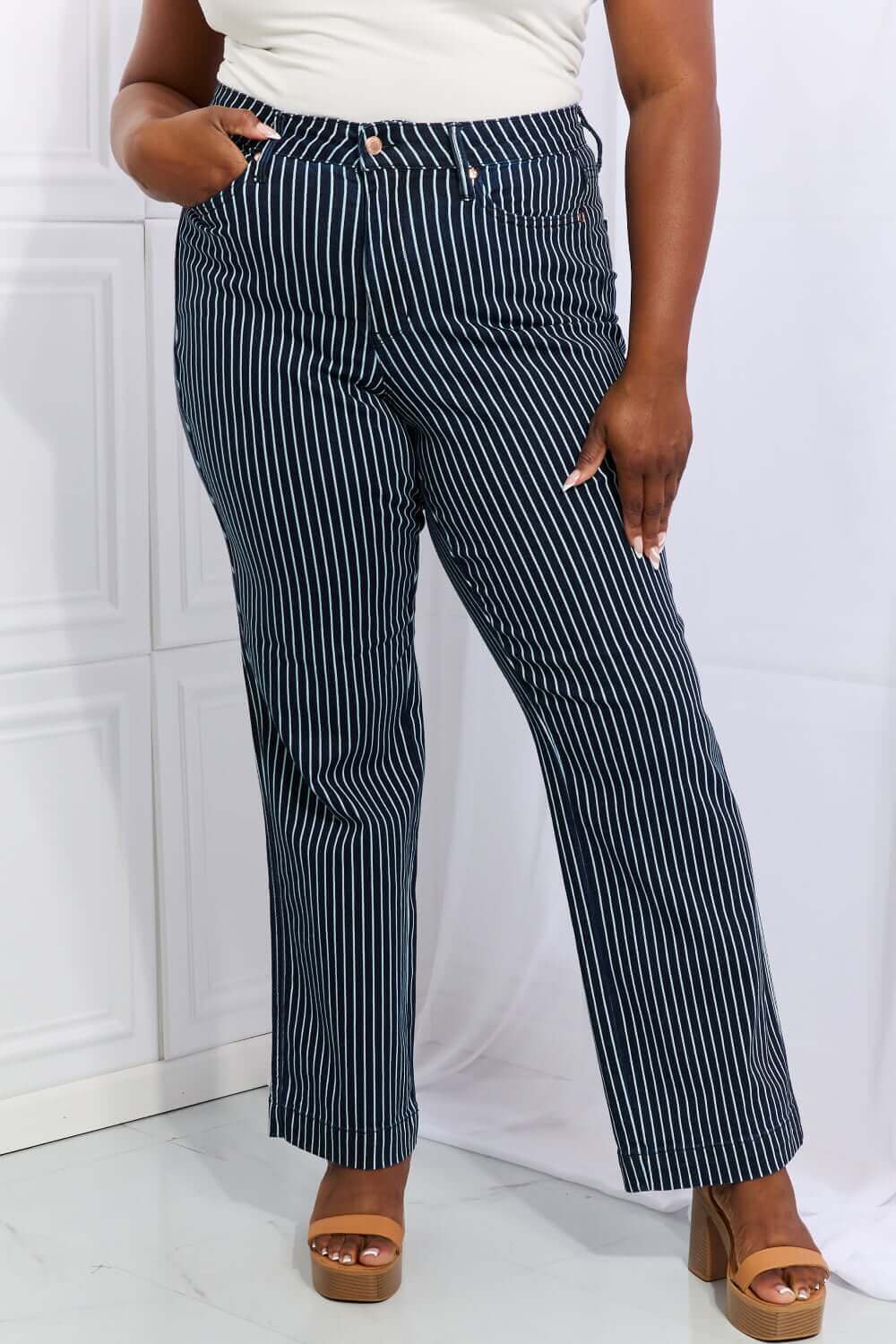 Judy Blue Cassidy Full Size High Waisted Tummy Control Striped Straight Jeans for a flattering fit and sophisticated look