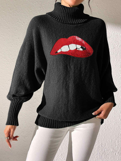 Bella Road Lip Turtleneck Sweater in black with bold red lip design, showcasing unique style and playful fashion statement.