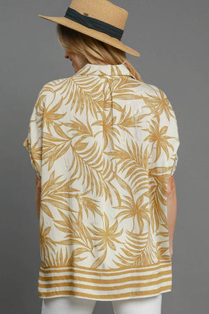 Umgee Full Size Tropical Print Button Down Shirt in beige and gold with palm leaf design, perfect for summer vibes.