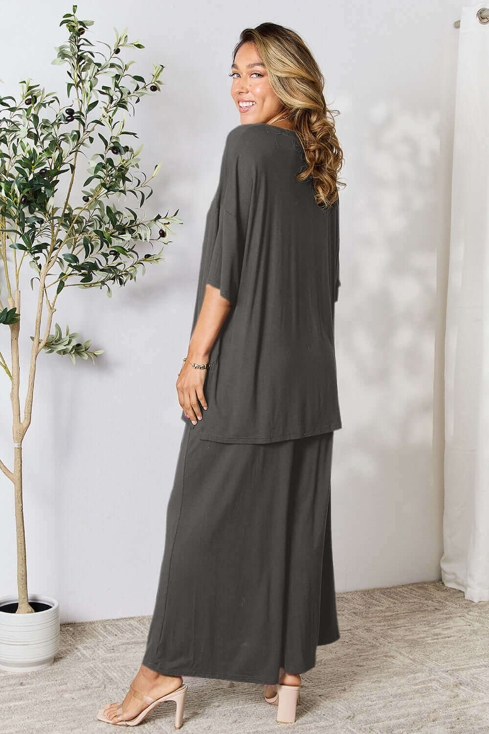 DOUBLE TAKE Full Size Round Neck Slit Top and Pants Set at Bella Road