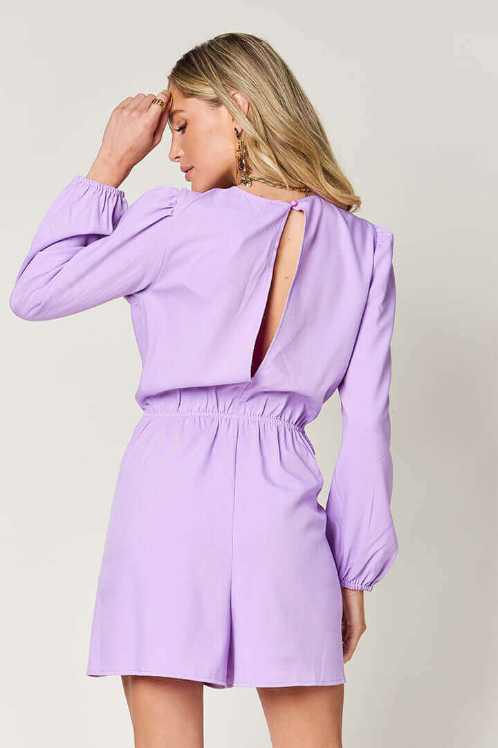 DOUBLE TAKE Full Size Drawstring Long Sleeve Romper at Bella Road