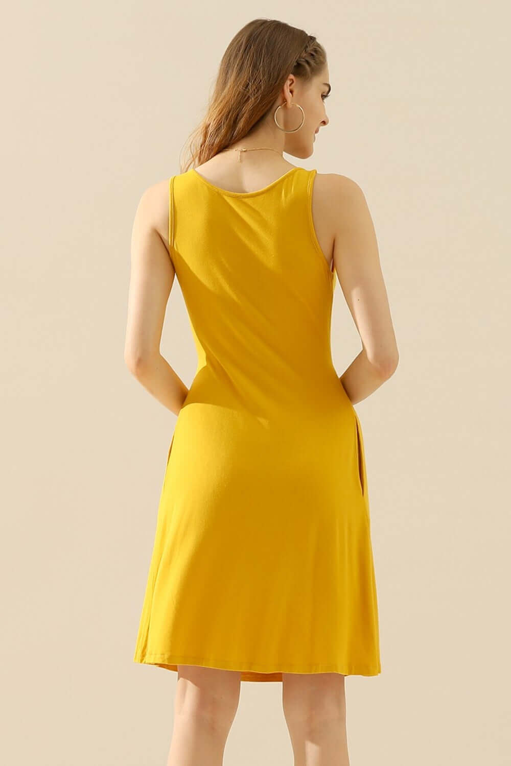 DOUBLJU Full Size Round Neck Ruched Sleeveless Dress with Pockets at Bella Road