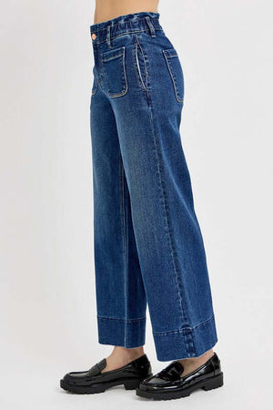 Side view of RISEN elastic band wide leg jeans showcasing a stylish and comfortable fit.