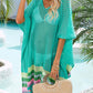 Woman wearing a turquoise slit openwork V-neck half sleeve cover-up with a straw bag by the poolside.