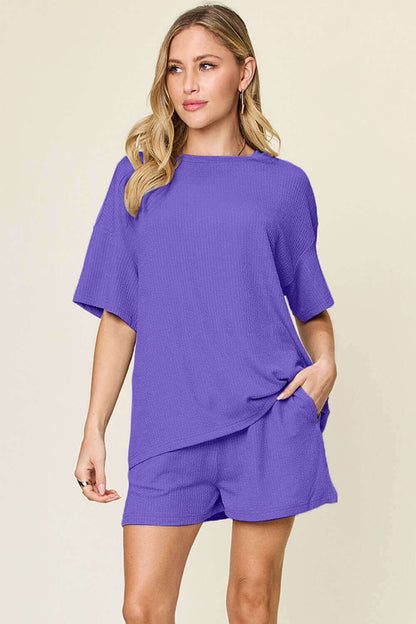 DOUBLE TAKE Full Size Round Neck Short Sleeve T-Shirt and Shorts Set at Bella Road