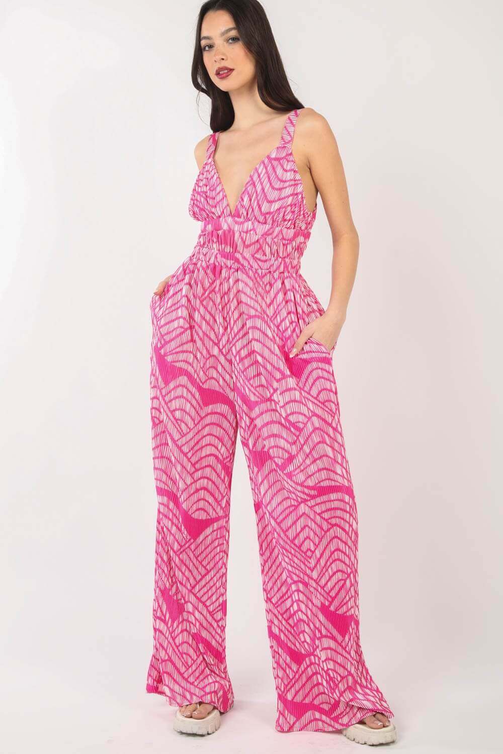 VERY J Printed Pleated Sleeveless Wide Leg Jumpsuit at Bella Road