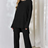 Ribbed High-Low Top and Wide Leg Pants Set - Black