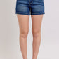 Judy Blue plus size double button waistband denim shorts in stylish dark blue wash, showcasing a flattering high-waisted fit.