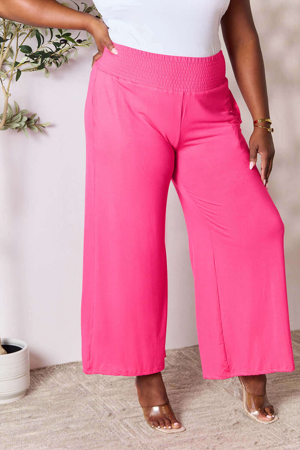 DOUBLE TAKE Full Size Smocked Wide Waistband Wide Leg Pants at Bella Road