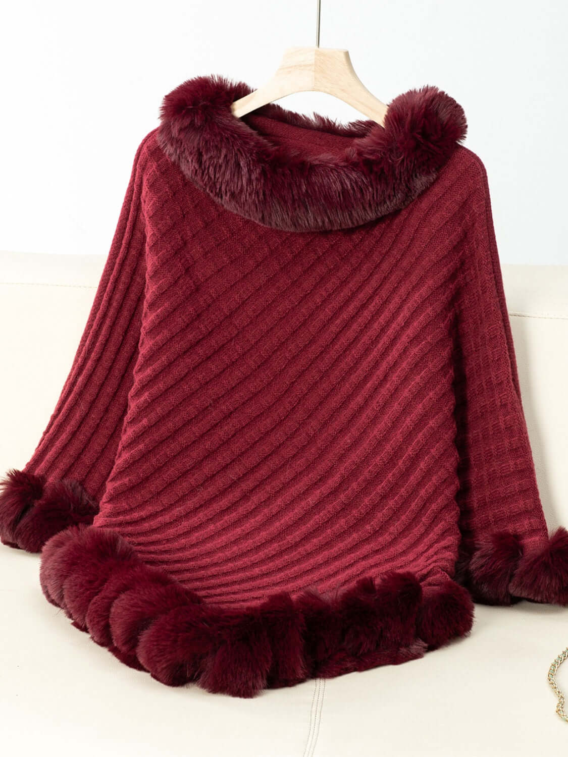 Cozy Bella Road Fuzzy Trim Poncho in burgundy with stylish textured design and three-quarter sleeves. Perfect for chilly days!