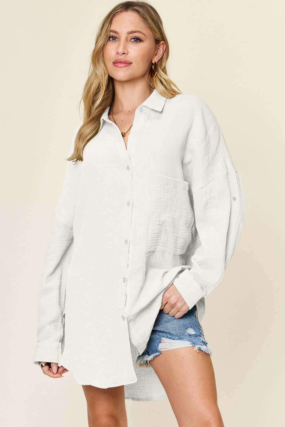 DOUBLE TAKE Full Size Pocketed Texture Button Up Shirt at Bella Road