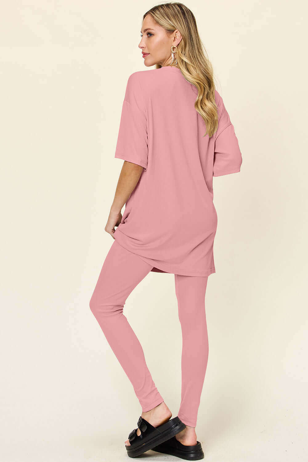 DOUBLE TAKE Full Size Round Neck Dropped Shoulder T-Shirt and Leggings Set at Bella Road