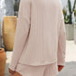 Back view of Double Take Round Neck Long Sleeve Top and Shorts Set in beige, perfect for casual outings or lounging.