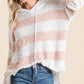 Stylish Reborn J full-size striped popcorn knit hoodie sweater with adjustable drawstrings and modern side slits for a cozy vibe.