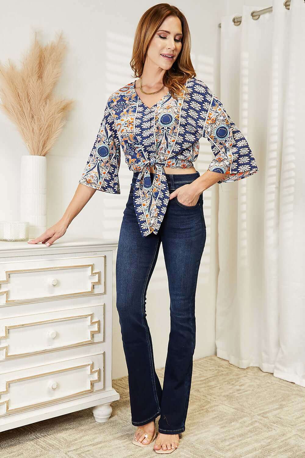 DOUBLE TAKE Tie Hem V-Neck Three-Quarter Sleeve Blouse at Bella Road