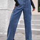 Model showcasing Bella Road High Rise Straight Jeans with cargo pockets in medium wash, perfect for a trendy outfit.