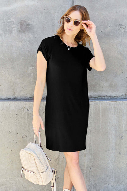 Bamboo Full Size Round Neck Short Sleeve Dress with Pockets