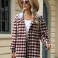 Woman wearing Bella Road Drawstring Plaid Long Sleeve Hooded Jacket, standing outdoors in stylish casual outfit.