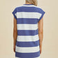 Woman wearing a blue and white Basic Bae full size striped round neck cap sleeve mini dress viewed from the back.