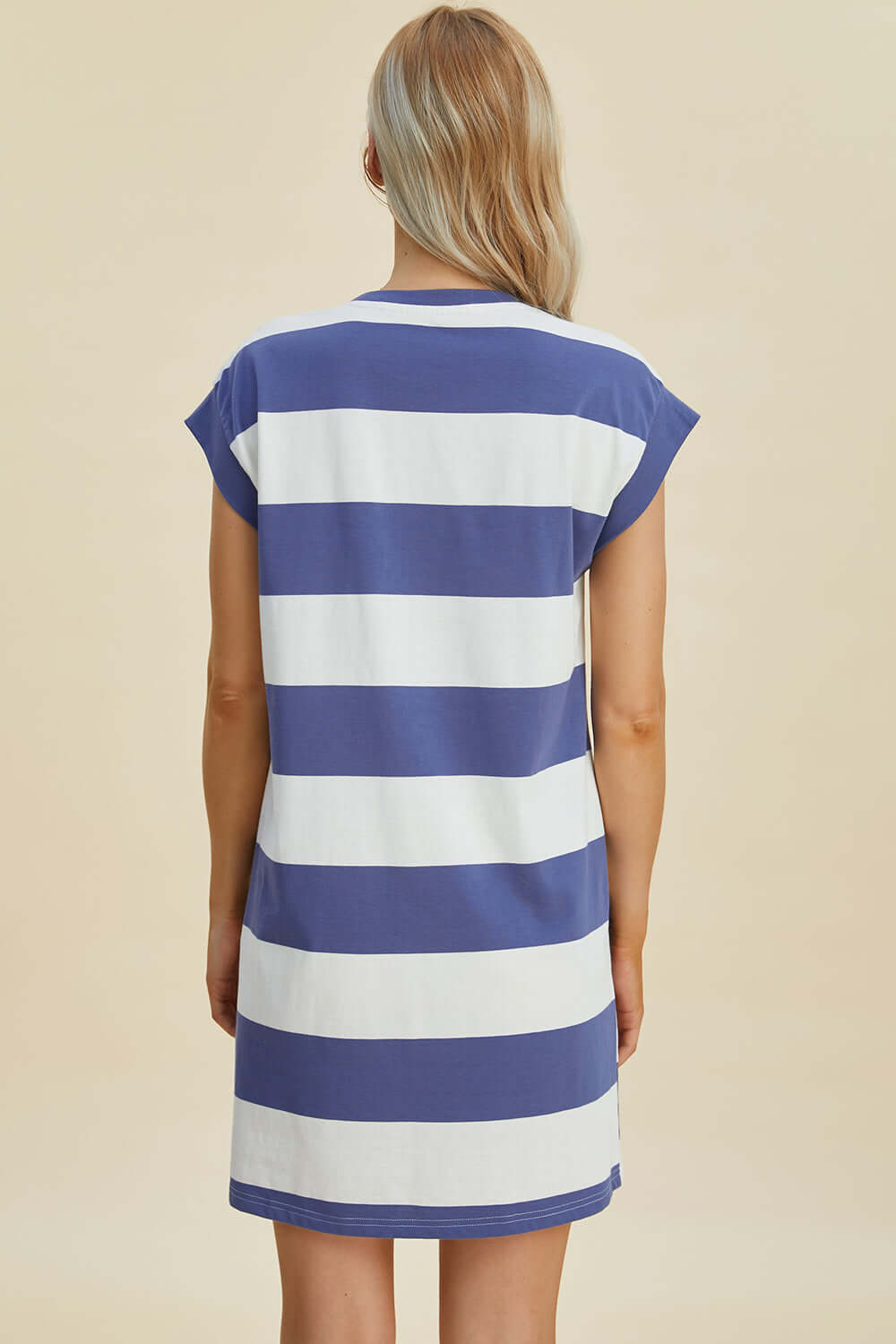 Woman wearing a blue and white Basic Bae full size striped round neck cap sleeve mini dress viewed from the back.