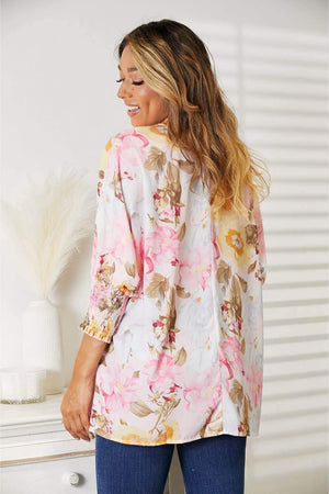 DOUBLE TAKE Floral Round Neck Three-Quarter Sleeve Top at Bella Road