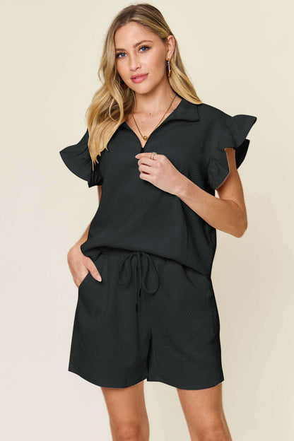 DOUBLE TAKE Full Size Texture Flounce Sleeve Top and Drawstring Shorts Set at Bella Road