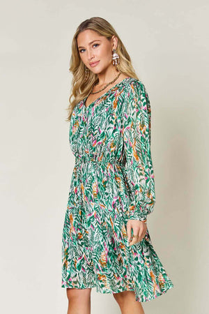 DOUBLE TAKE Full Size Printed Drawstring Waist Long Sleeve Dress at Bella Road