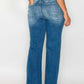 Woman showcasing the back view of bytos Raw Hem Distressed Mid Rise Straight Jeans in a trendy blue wash.