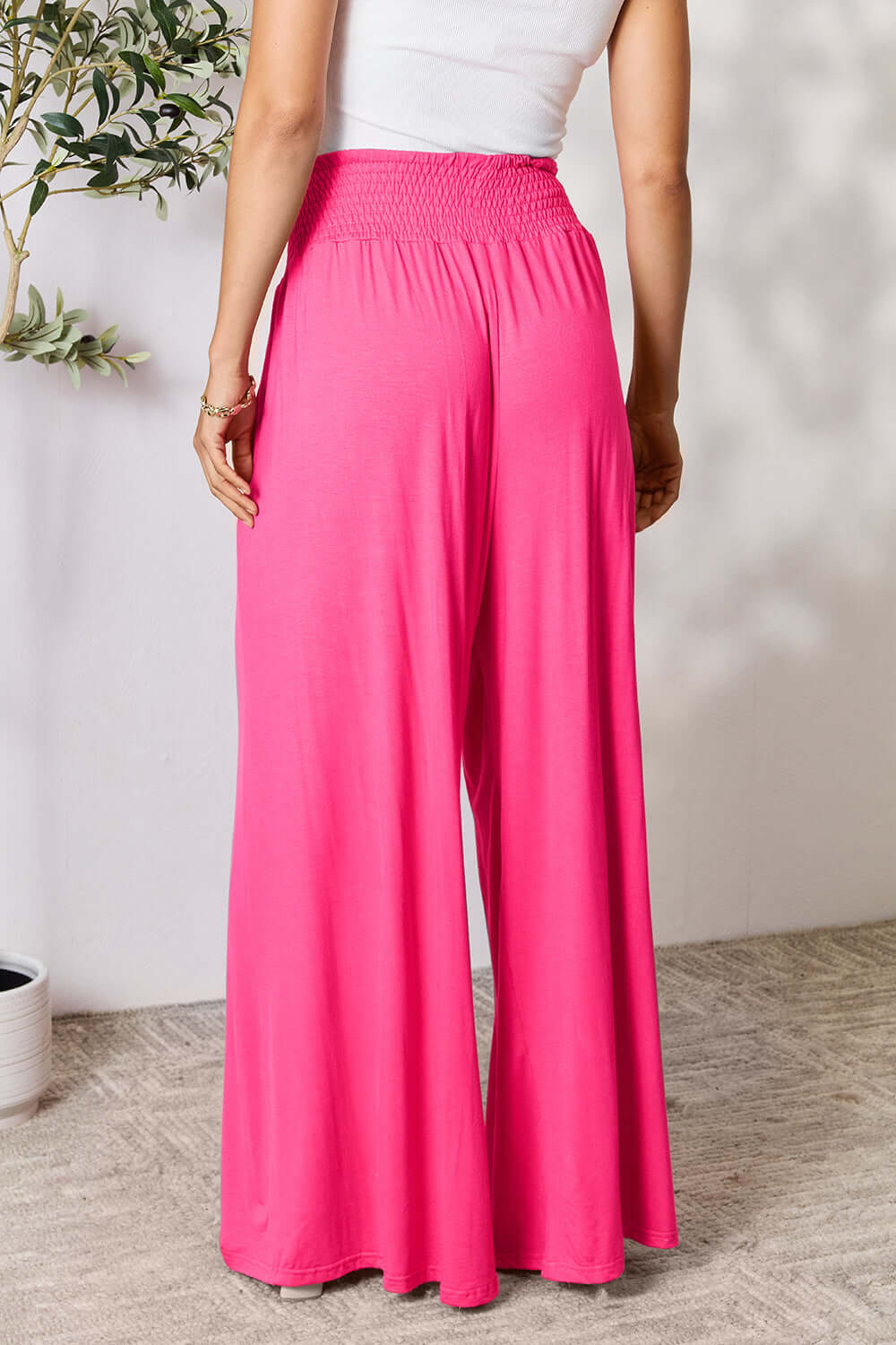 DOUBLE TAKE Full Size Smocked Wide Waistband Wide Leg Pants at Bella Road