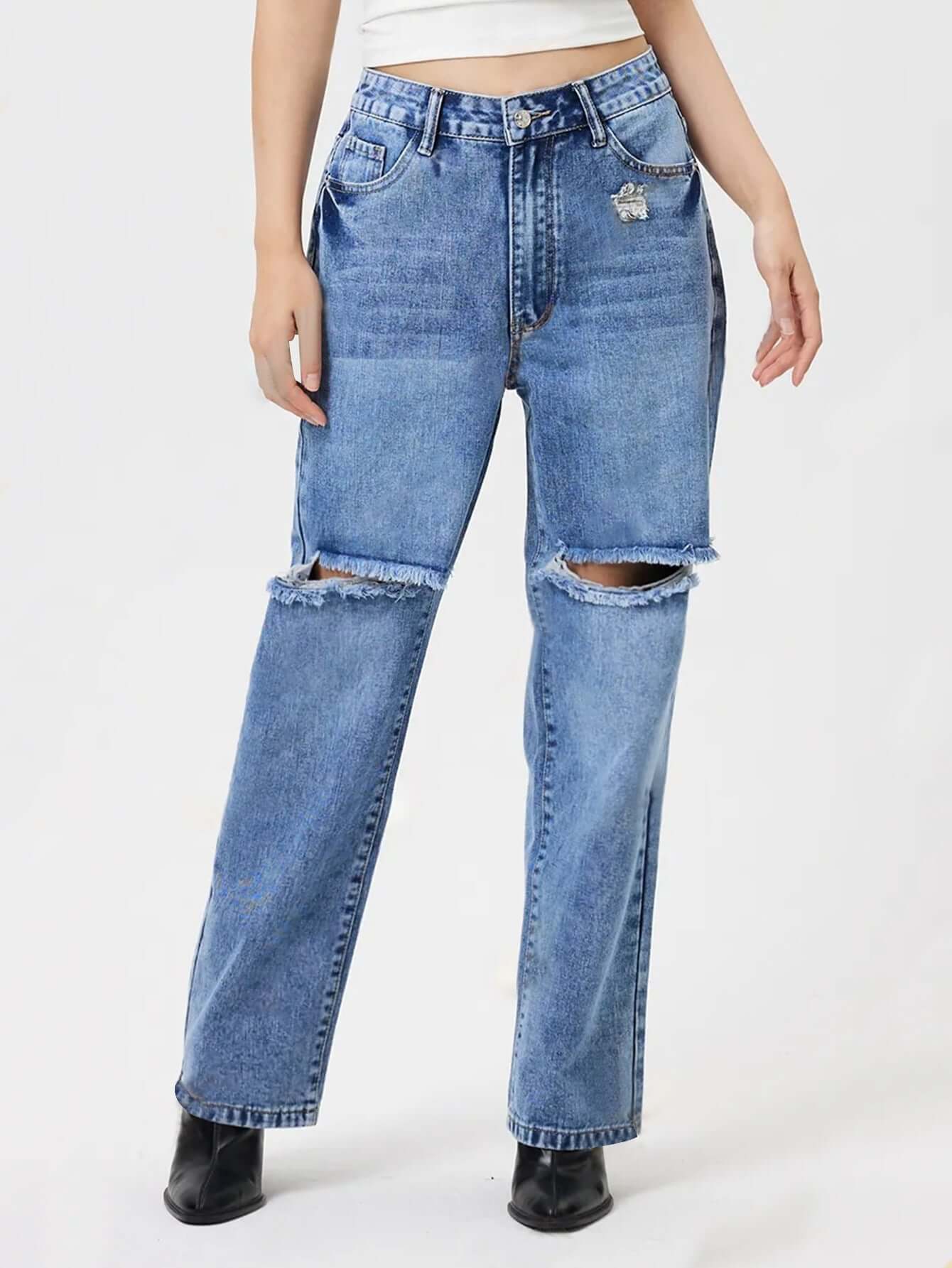 Bella Road Distressed Jeans with Pockets, slightly stretchy denim featuring unique distressing for stylish casual looks.