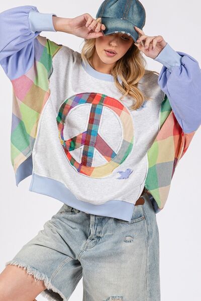 SAGE + FIG Contrast Peace Patch Dropped Shoulder Sweatshirt with colorful peace logo and relaxed fit for casual style.