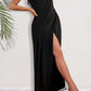 Woman modeling a black backless tassel surplice spaghetti strap cover-up dress with a high slit.