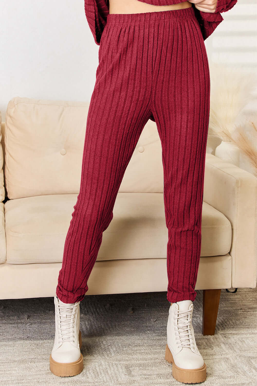 Ribbed burgundy pants and notched long sleeve top set with white ankle boots, polyester and elastane, machine washable