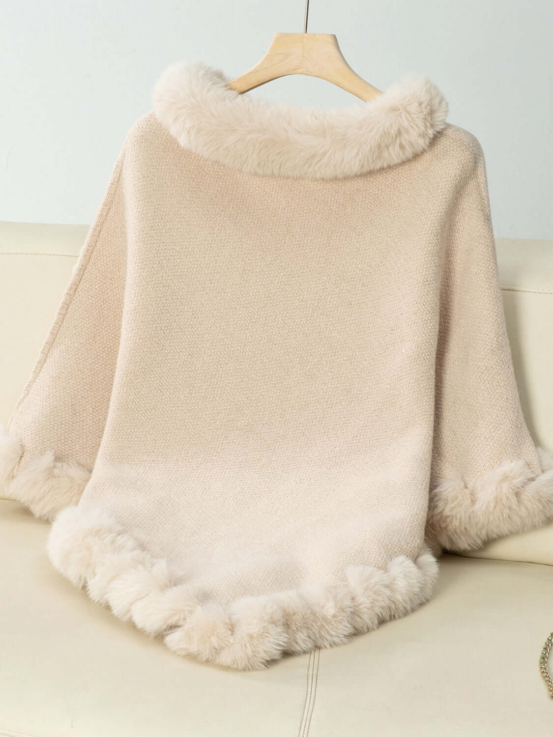 Cozy Bella Road Fuzzy Trim Poncho with three-quarter sleeves, perfect for chilly days and stylish layering.