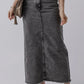 Woman wearing Bella Road Raw Hem Midi Denim Skirt with Pockets and sandals, showcasing casual edgy style.