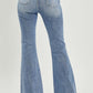 Back view of RISEN Full Size High Waist Raw Hem Flare Jeans in blue denim with raw hem details.