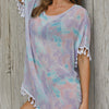 Full Size Tassel Scoop Neck Half Sleeve Cover Up - Lavender