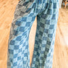 Bella Road Checkered Wide Leg Jeans with Pockets - Dusty Blue