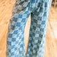 Bella Road Checkered Wide Leg Jeans with pockets, featuring a chic checkered pattern, perfect for bold and stylish looks.